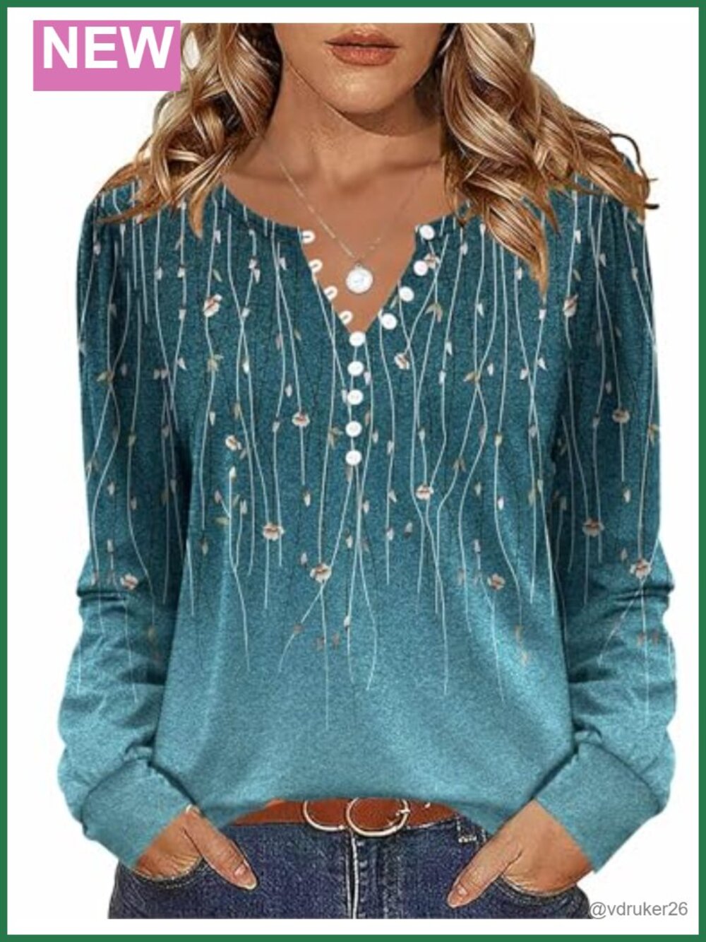 Long Sleeve Button Up Floral Tunic Top V Neck Loose Fit Blouse